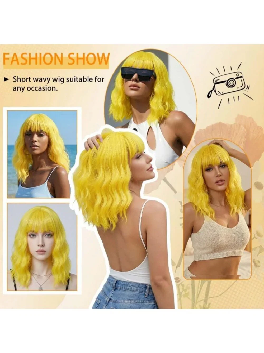 Women's Yellow 14 Inch Short Shoulder Length Synthetic Bangs Wavy Bob Wig